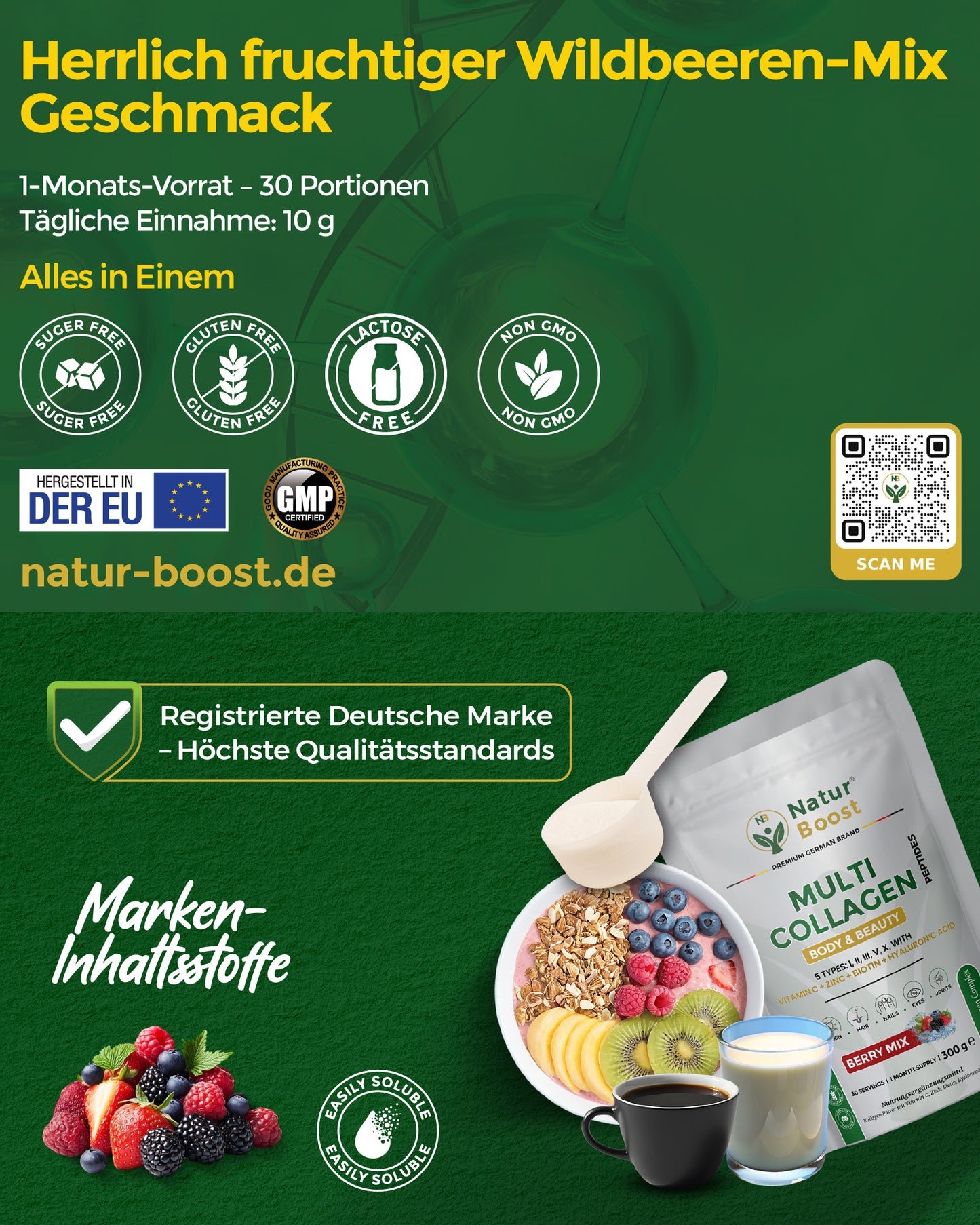 Multi Kollagen Komplex 5 Typen (I-X) mit Peptan & Colartix | Hyaluron, Biotin, Zink & Vitamin C | Wildbeere Pulver: Haut, Haare, Nägel, Sehkraft & Knochen | 300g (30 Port.) | Made in EU