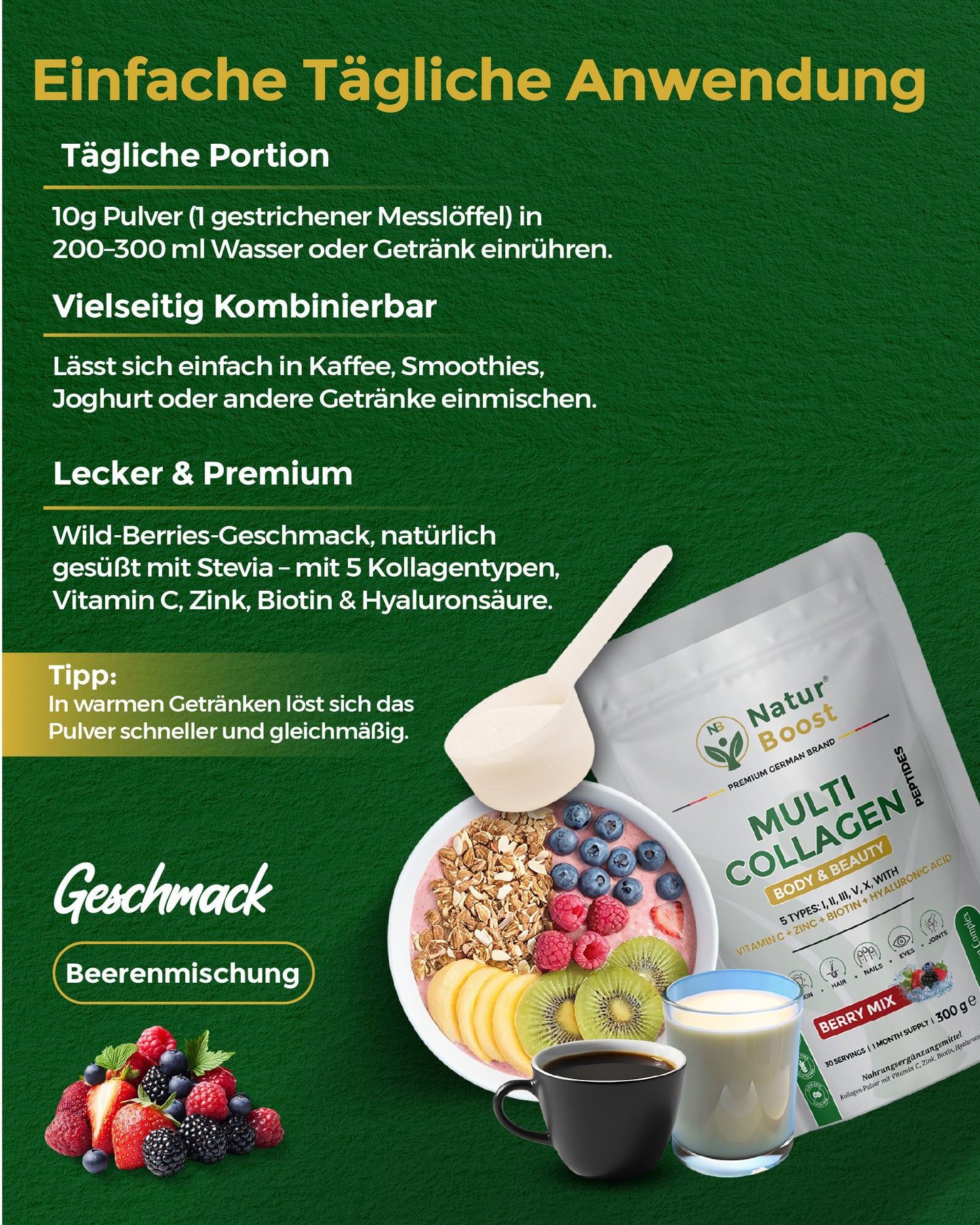 Multi Kollagen Komplex 5 Typen (I-X) mit Peptan & Colartix | Hyaluron, Biotin, Zink & Vitamin C | Wildbeere Pulver: Haut, Haare, Nägel, Sehkraft & Knochen | 300g (30 Port.) | Made in EU
