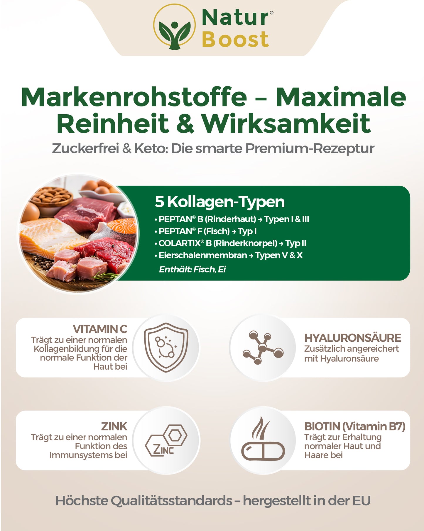 Multi Kollagen Komplex 5 Typen (I-X) mit Peptan & Colartix | Hyaluron, Biotin, Zink & Vitamin C | Wildbeere Pulver: Haut, Haare, Nägel, Sehkraft & Knochen | 300g (30 Port.) | Made in EU