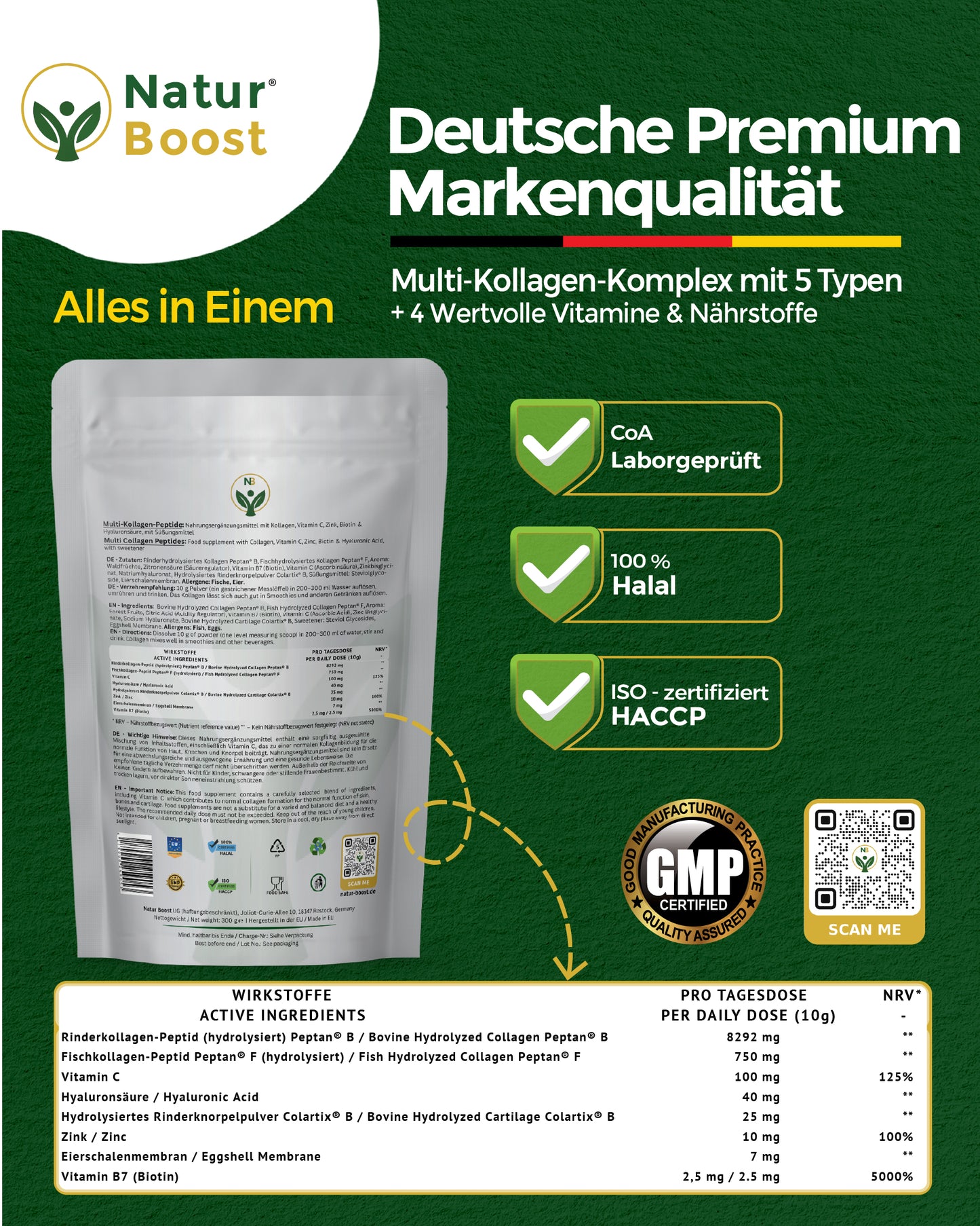 Multi Kollagen Komplex 5 Typen (I-X) mit Peptan & Colartix | Hyaluron, Biotin, Zink & Vitamin C | Wildbeere Pulver: Haut, Haare, Nägel, Sehkraft & Knochen | 300g (30 Port.) | Made in EU