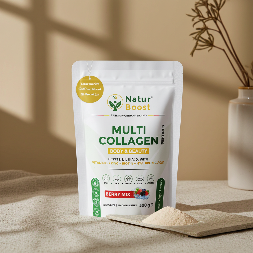 Multi Kollagen Komplex 5 Typen (I-X) mit Peptan & Colartix | Hyaluron, Biotin, Zink & Vitamin C | Wildbeere Pulver: Haut, Haare, Nägel, Sehkraft & Knochen | 300g (30 Port.) | Made in EU